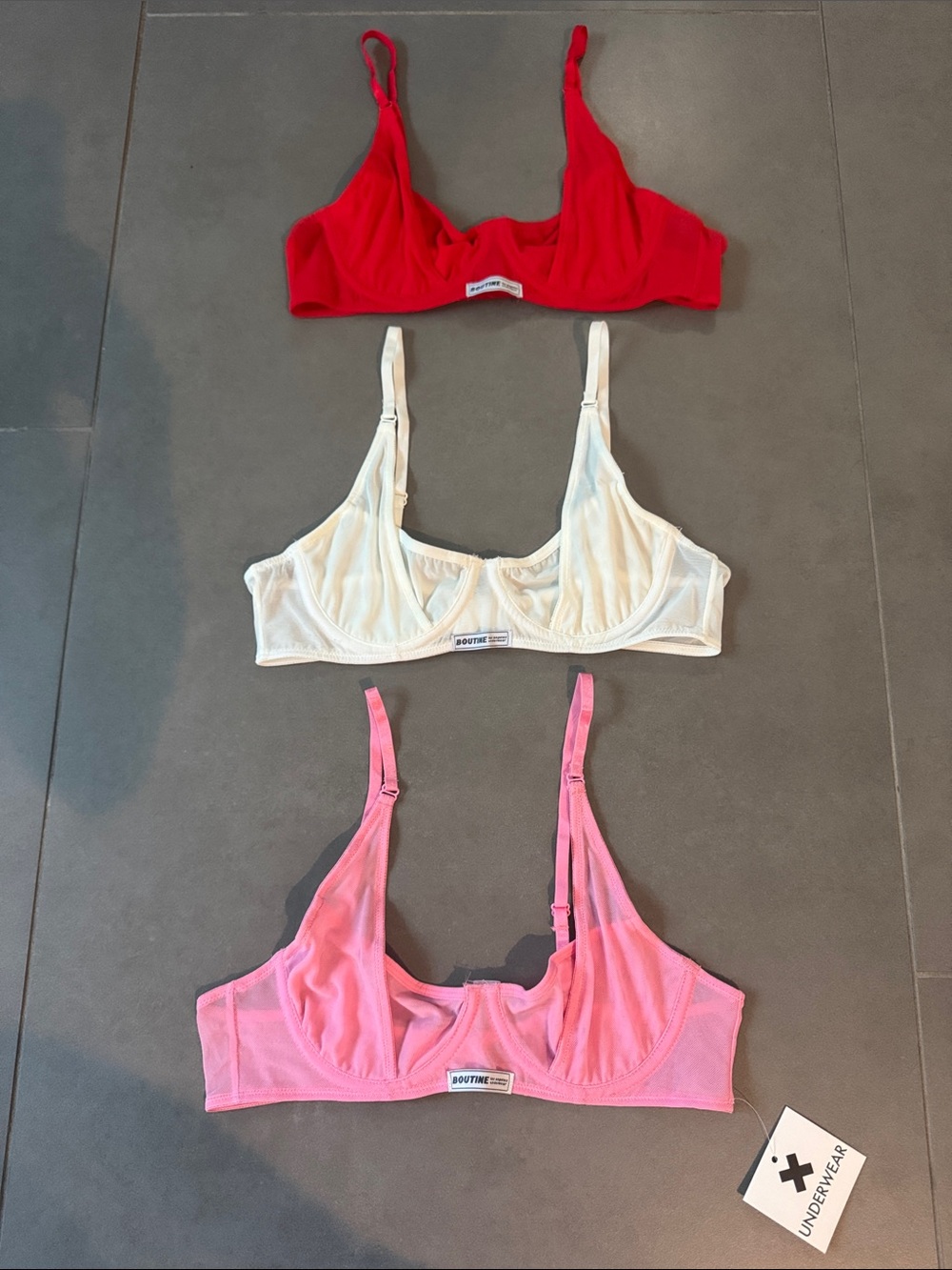 Boutine LA Sheer Triangle Bra Set in Red, White, and Pink size Large